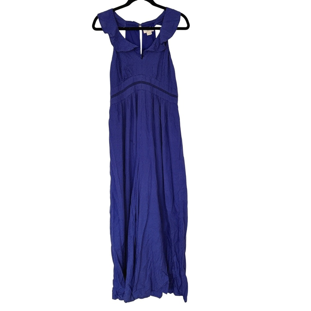 Anthropologie Maeve Justine Blue Polka Dot Wide Leg Jumpsuit‎ Ruffle Size 8